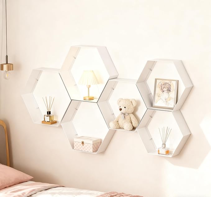 Gonice White Metal Hexagon Floating Shelves Set of 6 Honeycomb Wall Shelves Home Decor Shelf for Living Room Bedroom Office