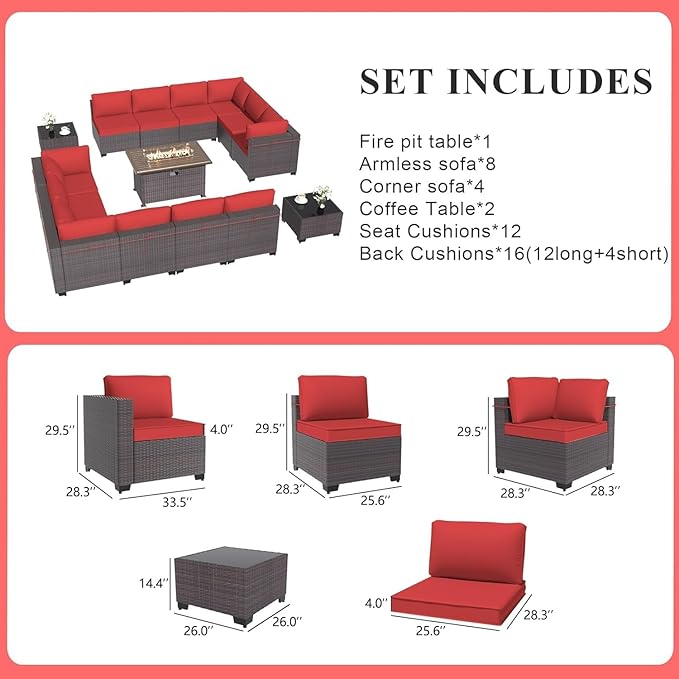 Gotland 15 Pieces Patio Furniture Set with Fire Pit Table, All Weather Rattan Outdoor Furniture with 29.5'' High Backrest 4’’ Thick Cushions Coffee Table, Patio Set for Porch, Deck, Backyard, Red