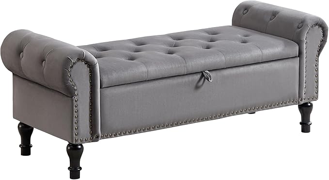 Storage Bench for Bedroom, 51" Upholstered End of Bed Bench, Velvet Queen Size Benches with Rolled Arms, Tufted Button Storage Long Ottoman, Living Room, Entryway, Grey