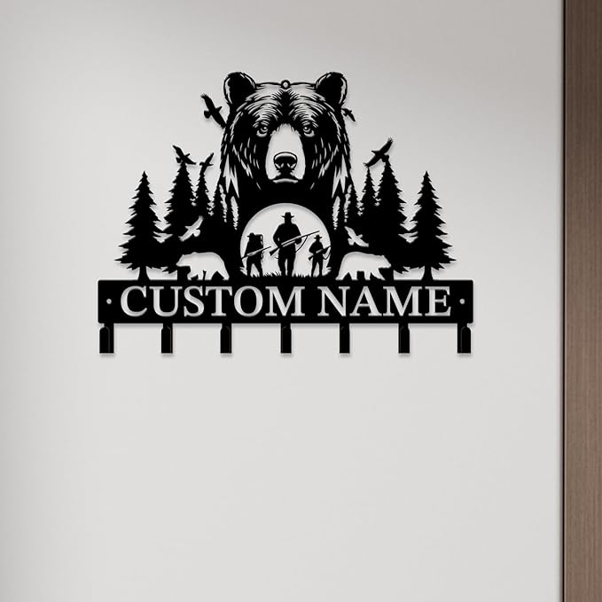 Personalized Custom Name Bear Key Wall Hooks,Metal Bear Keys Clothes Hooks,Metal Bear Wall Home Storage Decorative,For Front Door, Hallway, Kitchen, Bedroom,Keys,Hats (Style E)