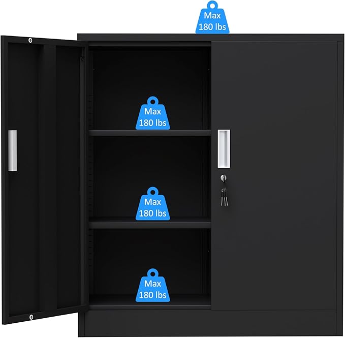 Metal Storage Cabinet with Locking Doors and 2 Adjustable Shelves, Small Lockable Storage Cabinet for Home Office Garage (Black)