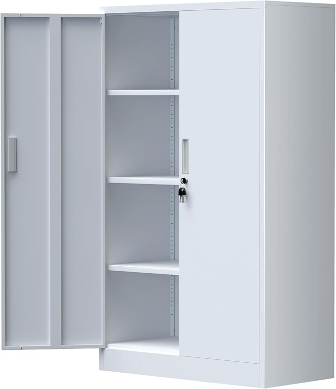 Metal Storage Cabinet with Locking Doors and 3 Adjustable Shelves, Lockable Storage Cabinets for Home Office Garage Kitchen Pantry (White)