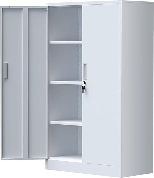 Metal Storage Cabinet with Locking Doors and 3 Adjustable Shelves, Lockable Storage Cabinets for Home Office Garage Kitchen Pantry (White)