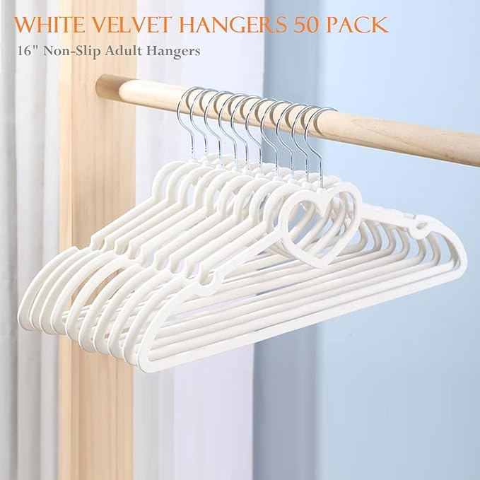 White Velvet Hangers 50 Pack, 16" Non Slip Adult Hangers, Slim Clothes Hanger with 360 Degree Swivel Hook - Durable & Cute