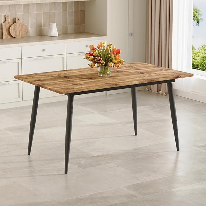 59"-75" Wood Extendable Dining Table for 6–8, Farmhouse Rectangular Dining Room Table with Black Metal Legs, Rustic Wood Grain MDF Top, Modern Space-Saving Dinner Table for Kitchen or Apartment