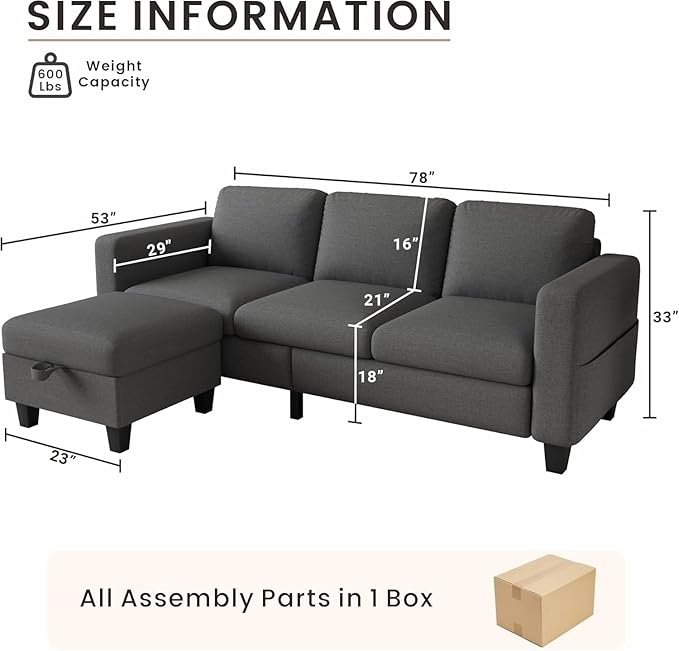 Sectional Couches for Living Room, 78" L Shaped Sofa 3 Seat Modern Couch with Storage Ottoman Convertible Couches for Small Space, Living Room, Bedroom, Apartment and Office