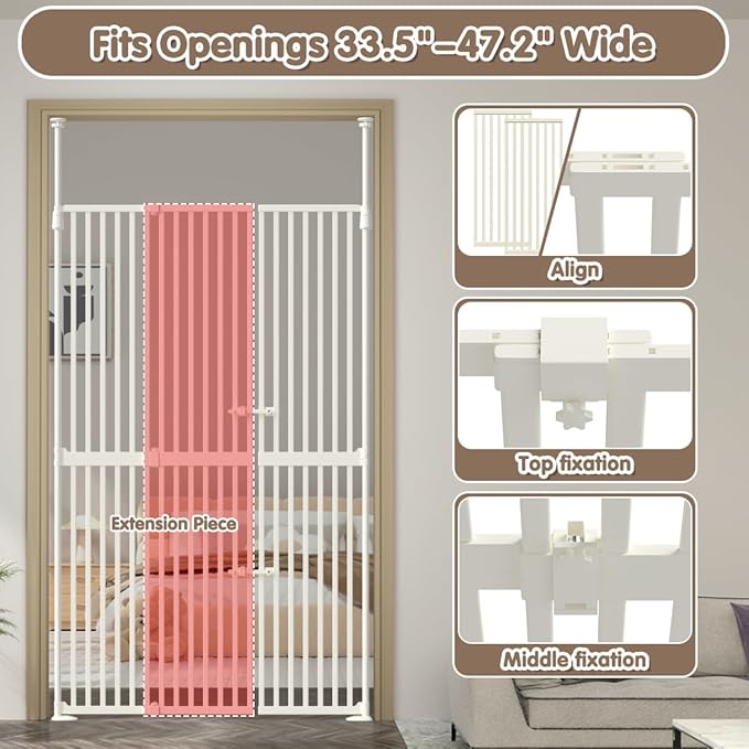 71" Extra Tall Cat Pet Gate, 33.5-47.2 in Wide High Dog Gates for Doorways No Climbing, Kitten Proof Full Door Barrier, Auto Close Large Walk Thru Puppy Gate Pressure Mounted, Indoor White