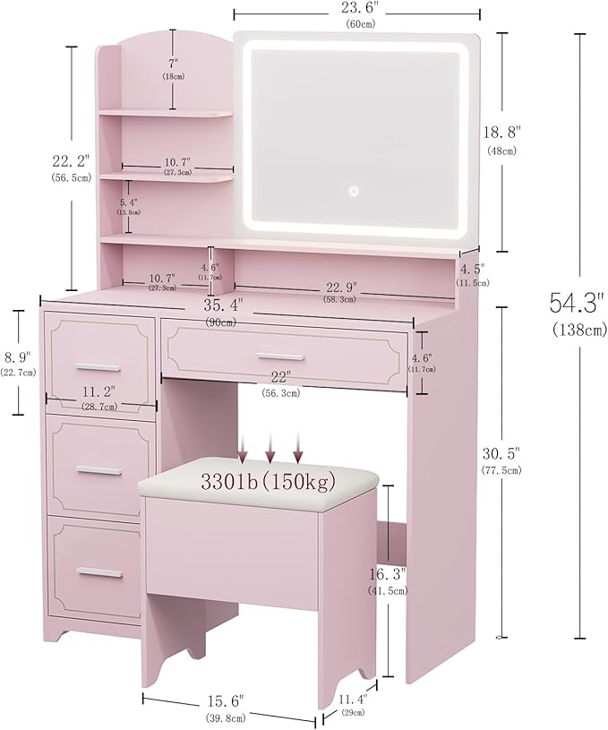 Vanity Table with LED Mirror & Power Outlet - 5 Open Shelves, 4 Drawers - Includes Padded Stool - Ideal Bedroom Makeup Dressing Table （Pink）