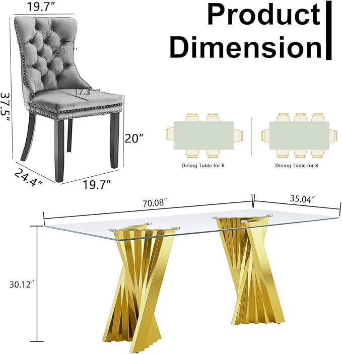 Goujxcy 70" Glass Dining Table Set for 4, Modern Gold Dining Table Set with 4 Beige Velvet Upholstered Dining Chairs, 5 Piece Kitchen Dining Room Table Set with Stainless Steel Legs