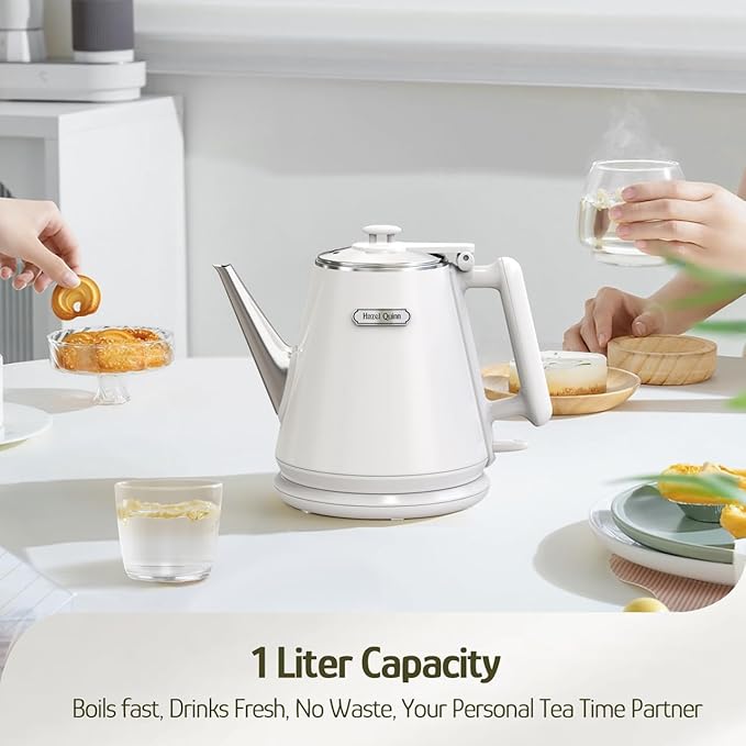 Hazel Quinn Electric Kettle - 1L/34oz Small Tea Kettle, 800W Fast Boil, All 304 Stainless Steel Interior, Double Wall for Cool Touch and Thermal, Auto Shut-Off, BPA-Free, Cordless - Pearl White