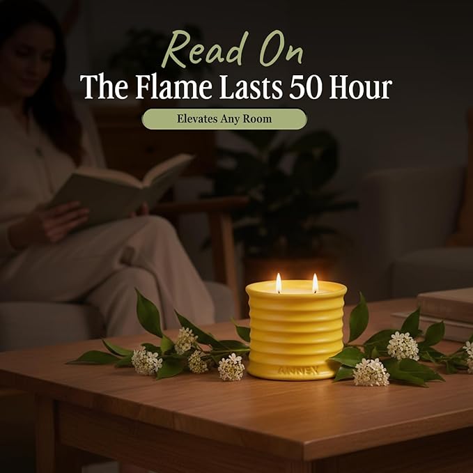 Scented Luxury Candles in Handmade Ceramic Jars, Soy Wax | Flower Bomb – Lily of The Valley & Jasmine, Large Candle | Non Toxic, 2 Wicks, Reusable Yellow Jar | Natural Spring Aromatherapy for Women