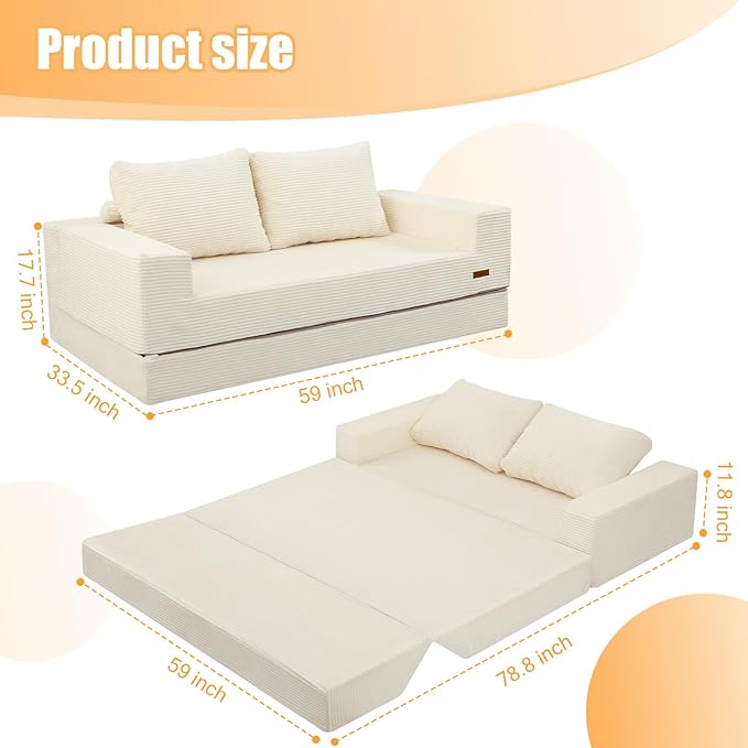 COMAX Convertible Sofa Bed Queen, Corduroy Folding Floor Couch Pull Out Couch Bed Futon Sleeper with Pillows, Fold Out Boneless Sofa Comfy Lounge Mattress Loveseat for Living Room Bedroom, Beige