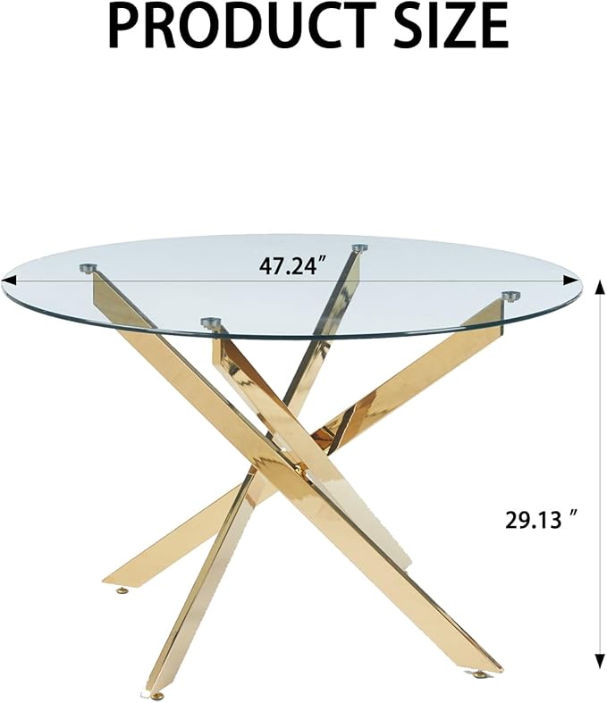 47.24" Round Dining Table for 6 8, Modern Clear Glass Kitchen Table for 6 with Gold X Metal Legs, Contemporary Circle Dining Room Leisure Tables for Kitchen Apartment
