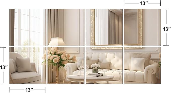 Vlush Full Length Wall Mirror Tiles 13'' x 13'' x 8PCS Adhesive Full Body & Full Length Mirror Wall Mounted Mirrors Decorative for Home Gym, Door, Bedroom & Bathroom