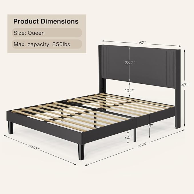 Gizoon Queen Bed Frame with Wingback Headboard, Upholstered Platform Bed with Modern Geometric Headboard, Wooden Slats, Noise-Free, No Box Spring Needed