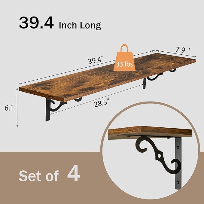 DINZI LVJ Long Wall Shelves, 39.4" Large Floating Shelves Set of 4, Farmhouse Display Shelf Wall Mounted with Heavy Duty Brackets, Easy Assembly for Kitchen, Bathroom, Bedroom, Balcony, Rustic Brown