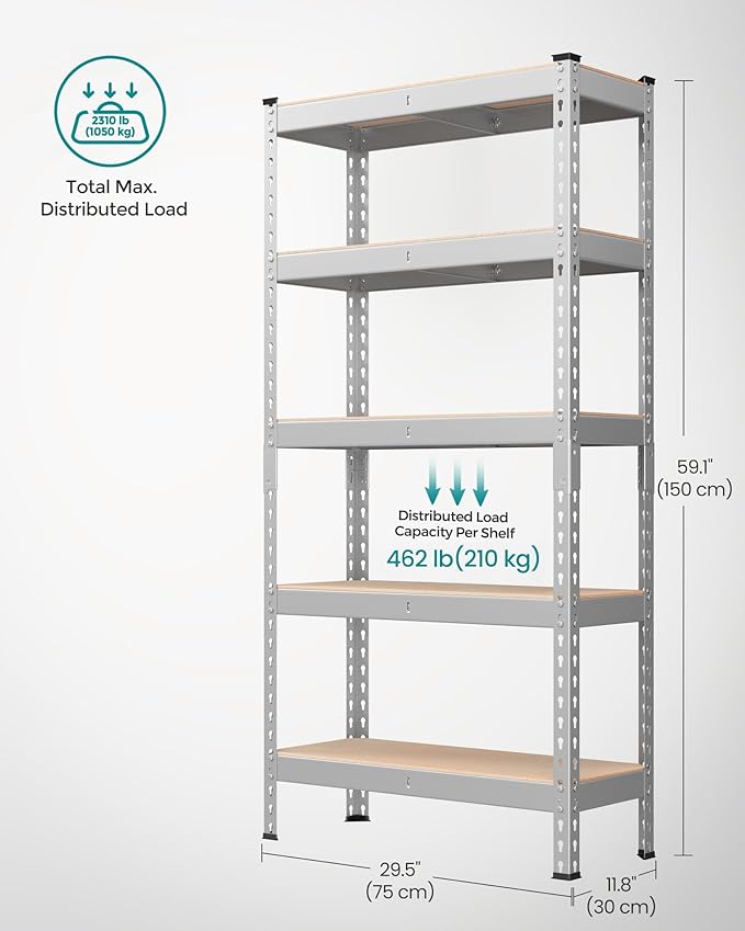 SONGMICS 5-Tier Storage Shelves, Load 2310 lb, Garage Storage, Boltless Assembly, Adjustable Shelving Unit, 11.8 x 29.5 x 59.1 Inches, for Study Shed Basement, Silver and Natural Beige UGLR300E01