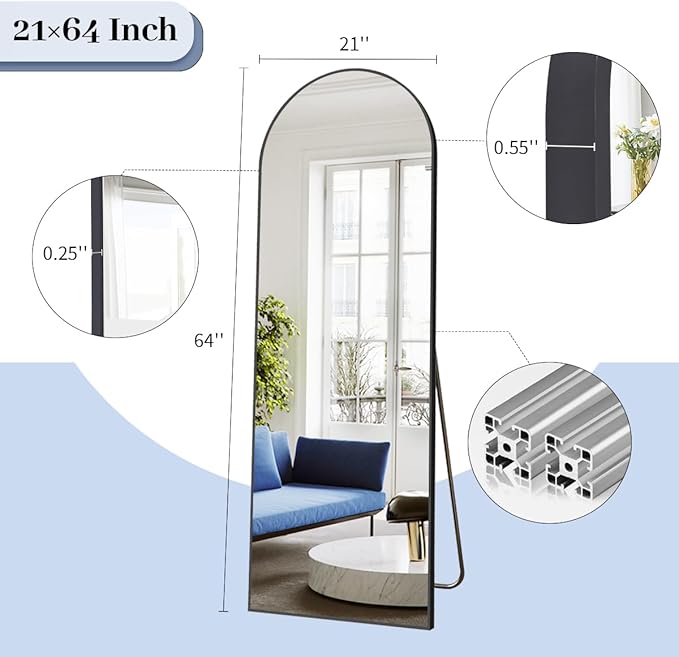 BEAUTYPEAK 64"x21" Arch Floor Mirror, Full Length Mirror Wall Mirrors Hanging or Leaning Arched-Top Full Body Mirror with Stand for Bedroom, Dressing Room, Black