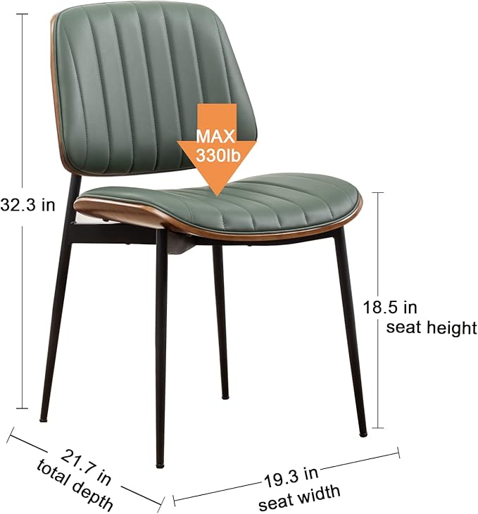 LUNLING Dining Chairs Set of 2 Mid Century Modern Retro Faux Leather Chair with Walnut Bentwood Upholstered Seat Metal Legs Chairs,Adjustable Foot for Kitchen Dining Room Chairs(Green)
