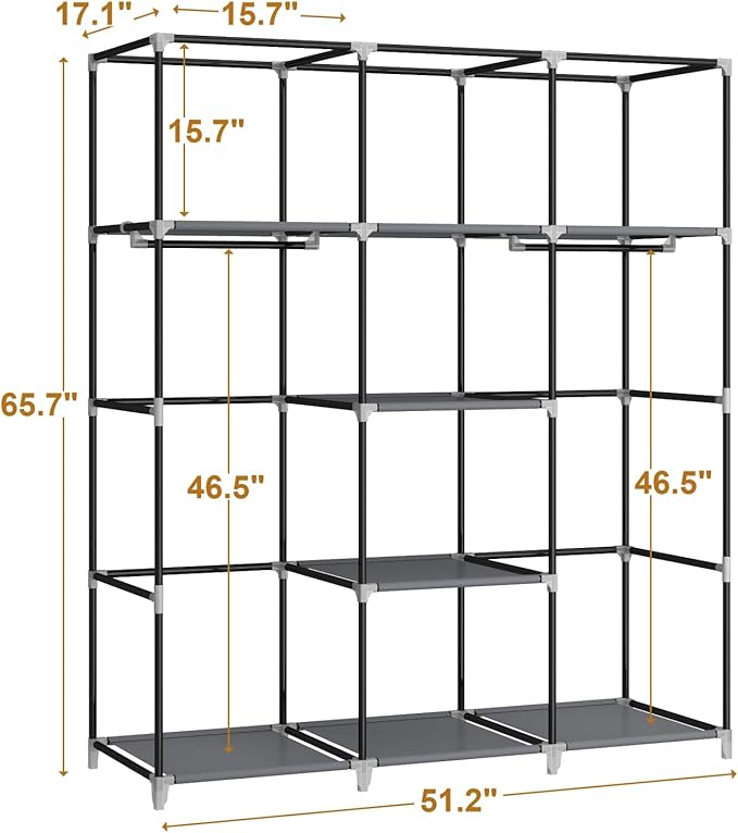 Portable Closet Wardrobe, 51-Inch Clothes Organizer with 2 Hanging Rods and 8 Shelves, Non-Woven Fabric Cover, Medium Capacity Storage for Bedroom and Living Room, Grey