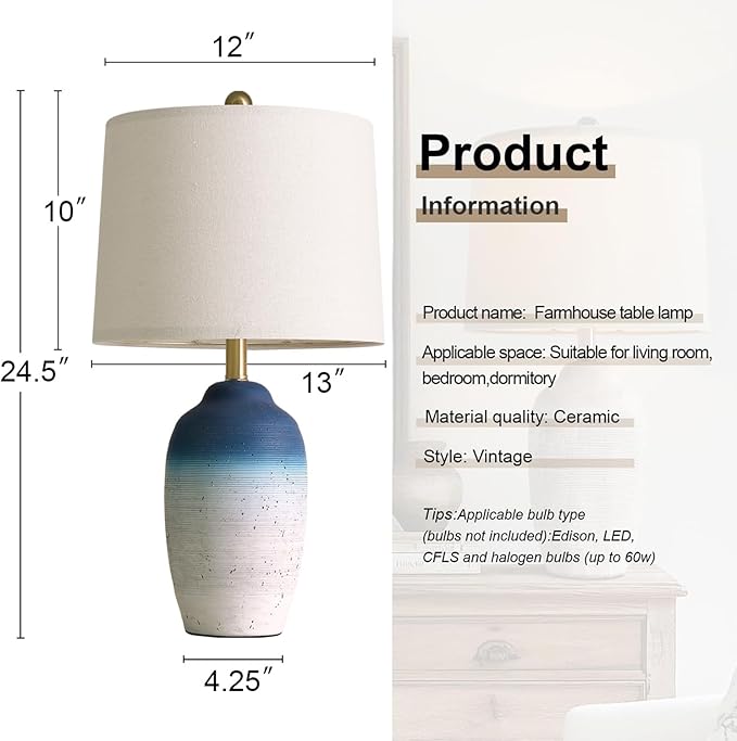 24.5" Vintage Ceramic Table Lamp - Single Farmhouse Rustic Bedside Lamp with Natural Textured Finish, Nightstand Lamps for Living Room, Bedroom, End Table, Office White and Blue