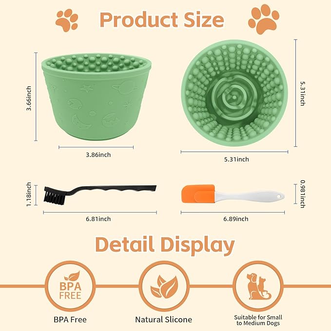 Dog Lick Bowl with Brush and Scraper, Anxiety Relief Silicone Slow Feeder Treat Dispenser, Anti-chocking Pet Dish, Non-Slip Interactive Entertainment Dog Puzzle Toy for Medium & Large-Green