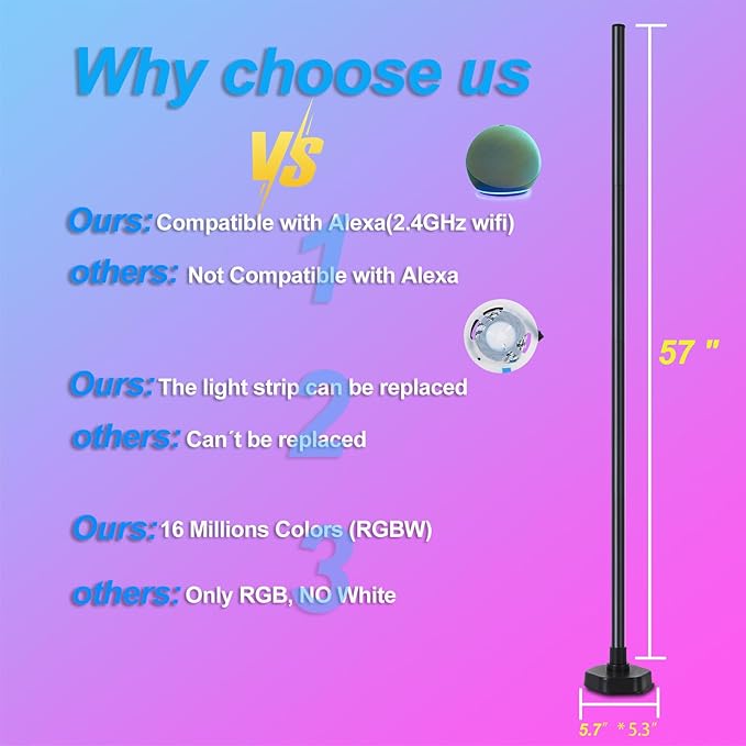 Led Floor Lamp, Corner Lamp Compatible with Alexa, RGB Corner Floor Lamp with Music Sync, 16 Million DIY Colors for Bedroom