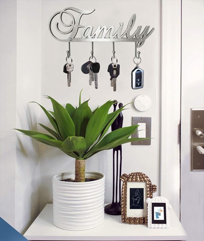 Myartte Key Holder- Key Hooks Decorative for Wall Decorative Zinc Alloy Key Organizer Rack with 4 Hooks -with Screws (Antique Sliver Family)