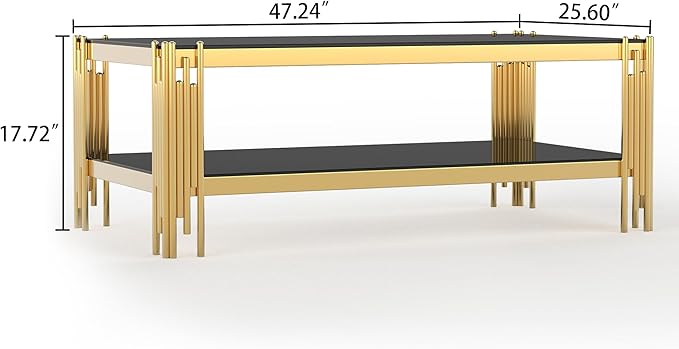 Goujxcy Modern Glass Coffee Table 47" Gold Center Table with Black Glass Top and Mirror Finish Stainless Steel Legs, Luxury Rectangular Coffee Table for Living Room Apartment (Gold)