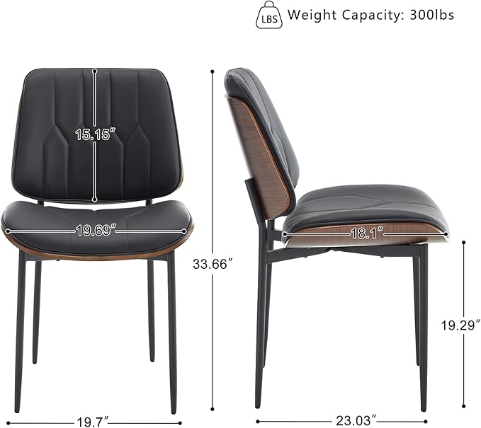 BV Mid Century Modern Dining Chairs Set of 6, Upholstered Pu Leather Armless Accent Chair with Walnut Bentwood Back, Retro Kitchen Chair for Dining Room, Living Room, Kitchen, Black