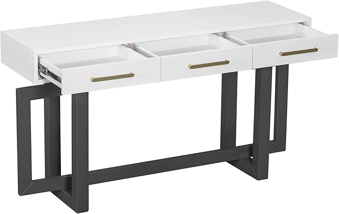 Knocbel Long Console Table with 3 Drawers and Handles, Minimalist Entryway Sofa Tables with Cross Sled Base for Living Room Hallway, 15.7" D x 57" W x 30.6" H Gray and Whitetop