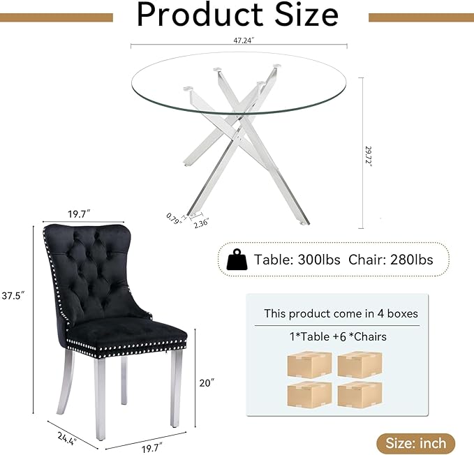 Goujxcy Round Dining Table Set for 6, Modern Glass Kitchen Table and Chairs Set of 6, 7-Piece Dining Room Table Set w/47 Circle Silver Glass Dining Table and 6 Upholstered Velvet Chairs