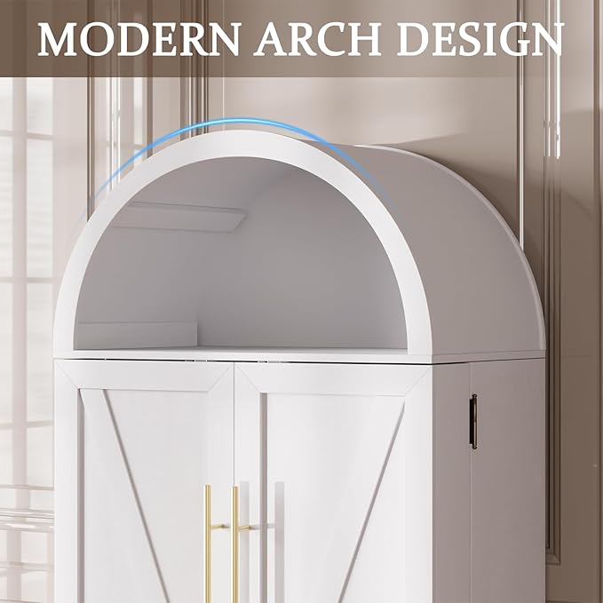 65" H Arched Kitchen Pantry Cabinet, Modern Farmhouse Storage Cupboard with Adjustable Shelves, White Freestanding Wood Cabinet for Kitchen, Living Room, Dining Room