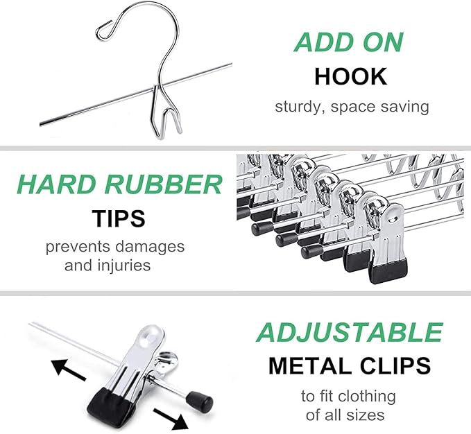 Amber Home 26 Pack Heavy Duty Metal Pants Skirt Hangers, Space Saving with Adjustable Clips for Jeans, Slacks