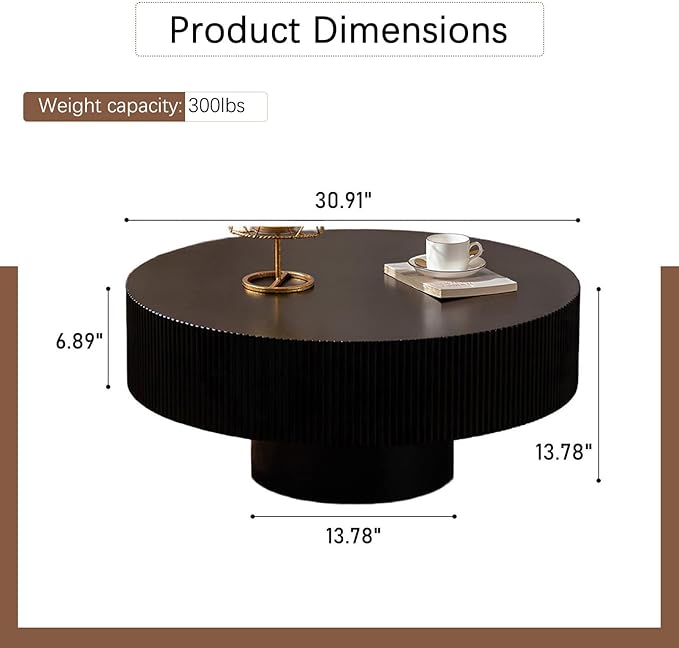 30.91" Round Drum Coffee Tables Modern Handcraft Drum Coffee Table Circle Coffee Table with Sturdy Pedestal, Fluted Wood Coffee Tables Accent End Table for Living Room,Black Thickened