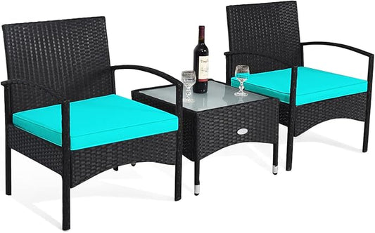 COSTWAY 3 PCS Patio Wicker Conversation Set, PE Rattan Sofa with Tempered Glass Coffee Table, 2 Chairs, 2 Cushions, Outdoor Patio Furniture Set for Yard Porch Bistro Balcony Backyard Pool, Turquoise