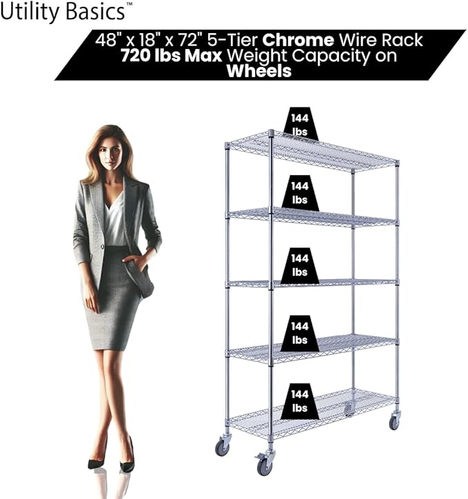 NSF Commercial 5-Tier Wire Shelving with Wheels, 48"x18"x72" Heavy Duty Metal Shelves 4000 lbs Max Capacity, Chrome Storage Rack for Garage Kitchen Pantry Warehouse