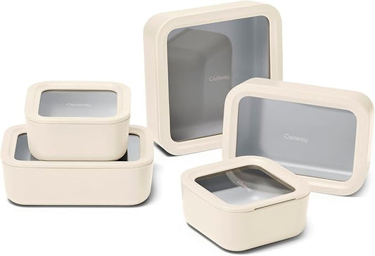 Caraway 13pc Glass Food Storage Container Set - Easy to Store, Non Toxic Lunch Box - with Glass Lids - Includes Storage Organizer - Cream