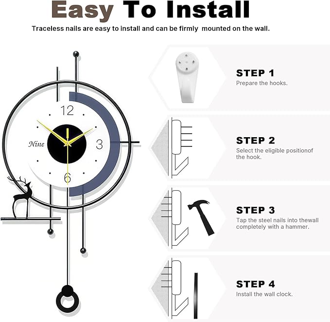 Large Wall Clock for Living Room Decor Modern Pendulum Wall Clock Silent Non-Ticking Battery Operated for Living Room Office Bedroom Kitchen 25inch Designer Wall Clocks Wall Decor for Home Indoor