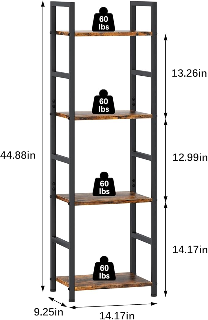 4 Tier Bookshelf, Small Book Shelf Industrial Bookcase, Metal Narrow Book Case Book Storage Organizer,Bookshelves for Bedroom Office Living Room(4 Tier,Rustic Brown)