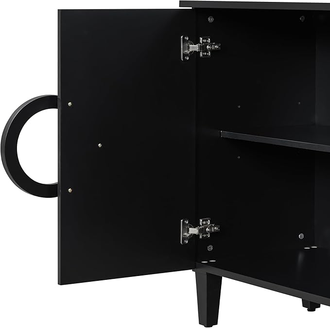 Modern Retro Sideboard Storage Cabinet with 4 Doors and Round Ring Handle, Wood 59'' Accent Entryway Console Table for Living Rooms Entrance Dining Room (Black-FI)