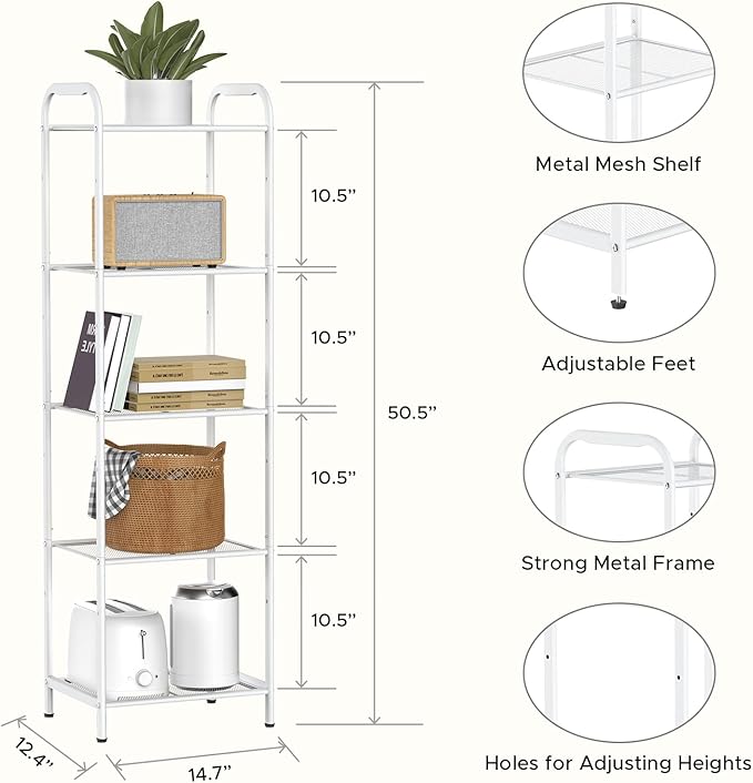 MAX Houser Storage Rack with Shelf,Industrial Style Extendable Plant Stand, Standing Shelf Units for Kitchen, Bathroom, Office,Living Room, Balcony, Kitchen (White, 5 Tier)