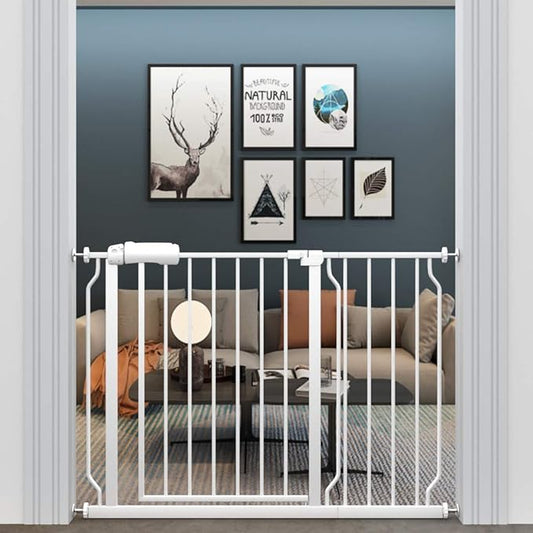 ALLAIBB Extra Wide Pressure Mount Baby Gate Auto Close White Metal Child Dog Pet Safety Gates with Walk Through for Stairs,Doorways,Kitchen and Living Room(43.31-48.03"/110-122cm)