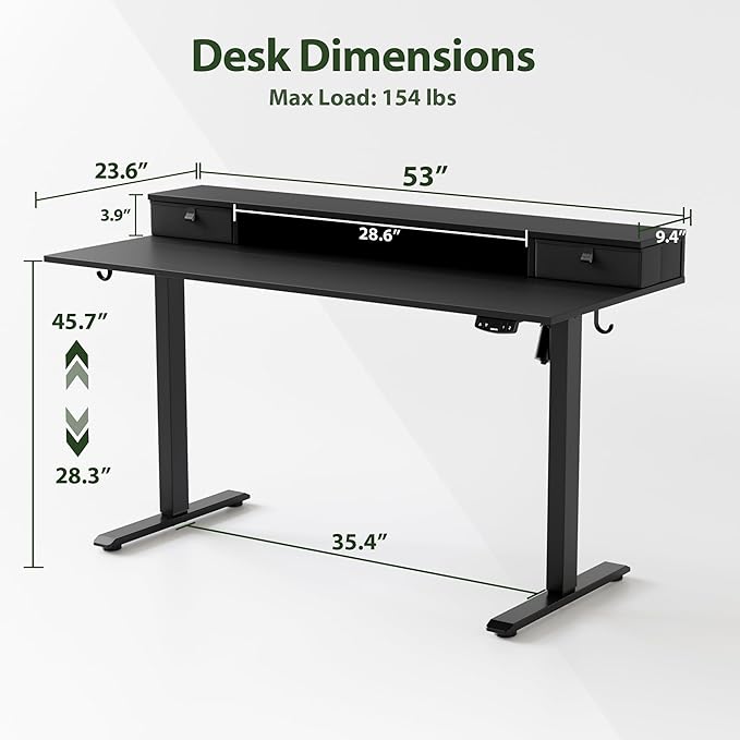 Agilestic 53x 24 Inches Height Adjustable Electric Standing Desk with 2 Drawers, Stand Up Electric Desk Adjustable Height, Sit Stand Computer Gaming Table with Splice Board, Black