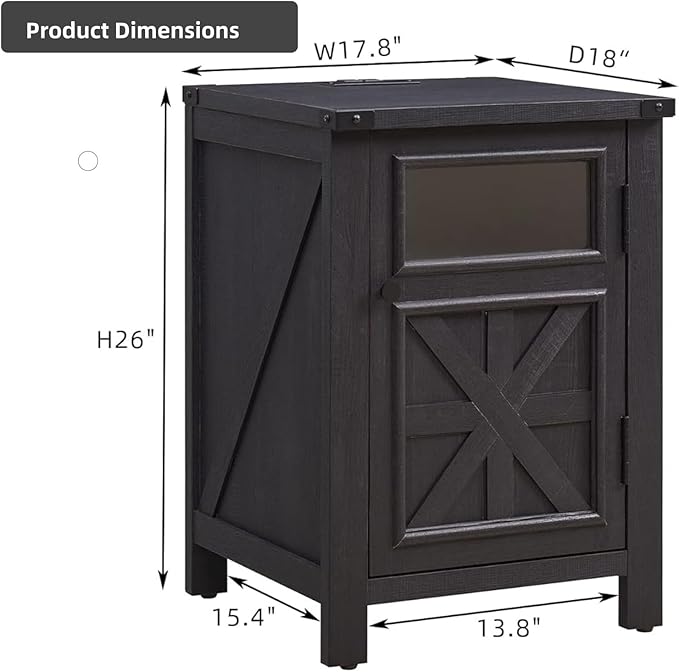 ACCOHOHO Farmhouse End Table with Charging Station,18'' Sofa Side Table,Nightstand with Barn Door,Bedside Table with Adjustable Shelf for Living Room, Bedroom, Office (Black)