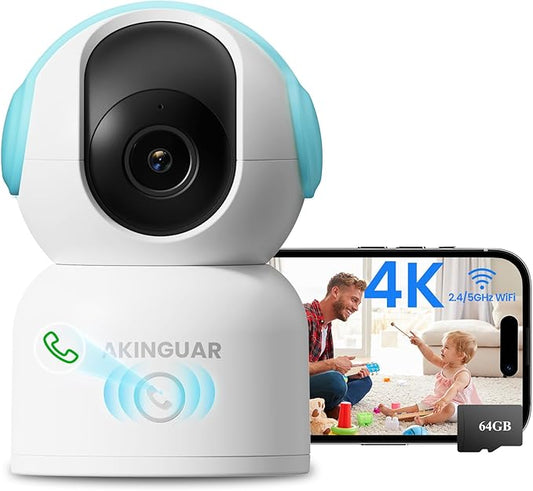 4K Indoor Security Camera with 64GB Memory Card, 5GHz/2.4GHz WiFi Camera, 360° Pan/Tilt IP Camera, Auto Tracking, AI Human/Face/Pet Detection, Night Vision, 2-Way Audio, One-Touch Call