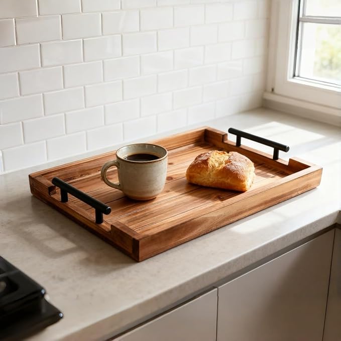 Coffee Table Tray Decorative Nested Vintage Wood Serving Tray Set for Eating, Breakfast, Party, Kitchen, Ottoman,Tea Coffee Table Large Ottoman Trays (Wood, 3Pc)