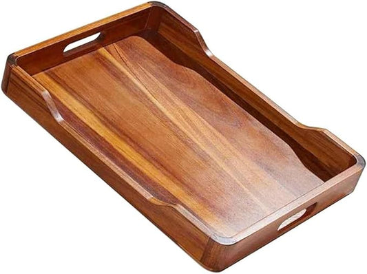 Acacia Wood Serving Tray with Handles, 18x13in Food Drinks Tray for Coffee Table, Breakfast, Dinner & Bar, Rustic Decorative Storage Tray for Ottoman, Kitchen, House Warming Gifts New Home