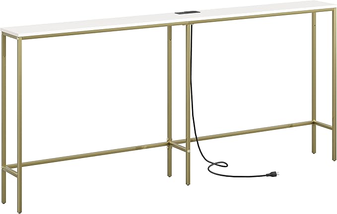 70.9 Inch Console Table with Power Outlet，Modern Narrow Long Sofa Table Behind Couch,Skinny Entry Table with Gold Metal Frame for Entryway,Living Room, Hallway,Classic White