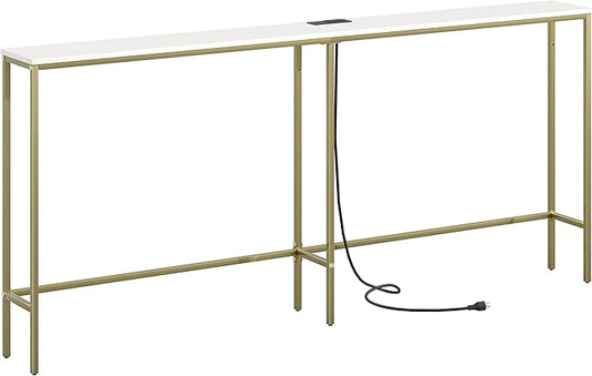 70.9 Inch Console Table with Power Outlet，Modern Narrow Long Sofa Table Behind Couch,Skinny Entry Table with Gold Metal Frame for Entryway,Living Room, Hallway,Classic White